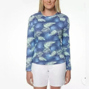 Hang Ten Womens Palm Stripe Sun Protection Tee blue medium with back zipper NWOT